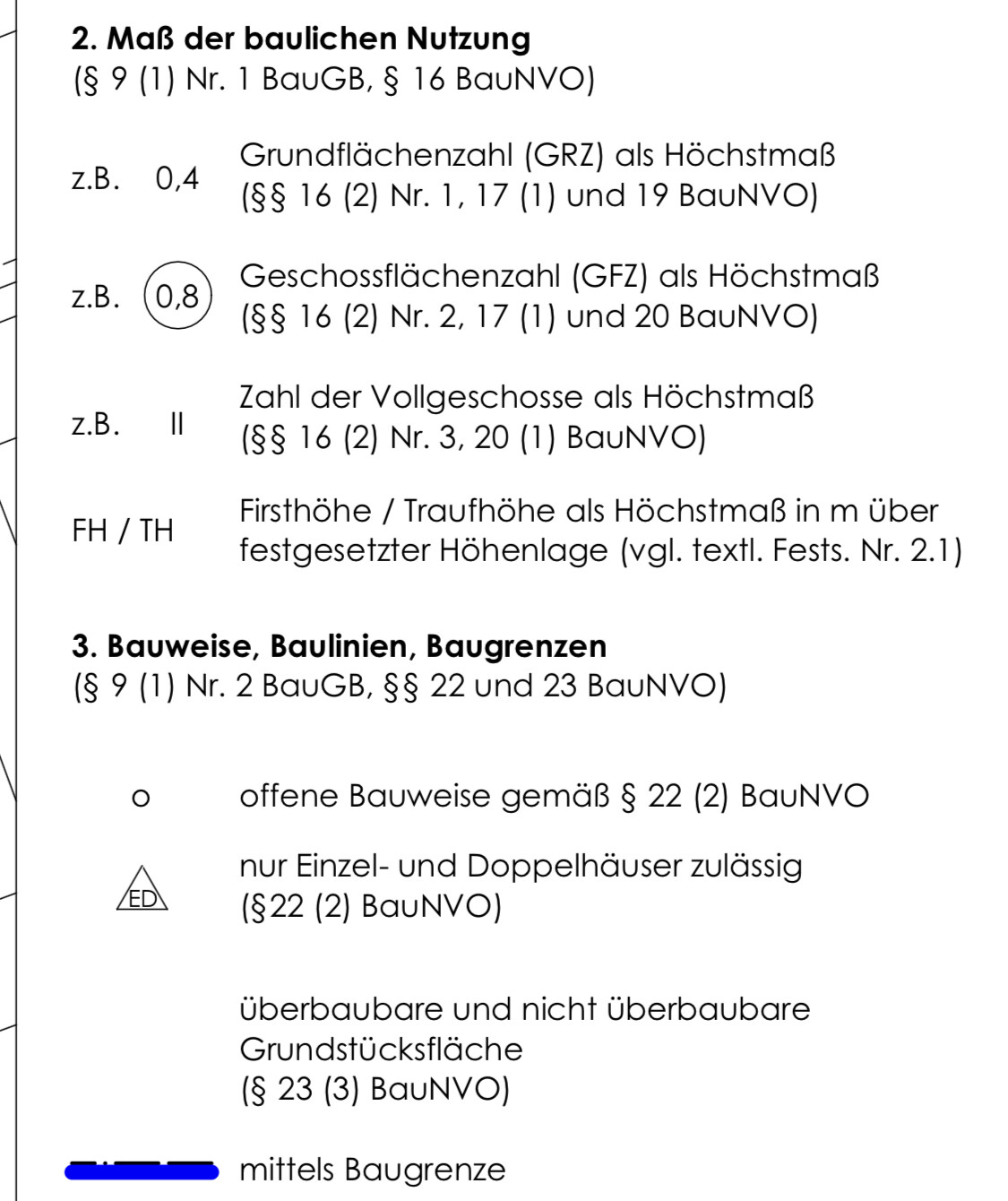 Maß der baulichen Nutzung: GRZ, GFZ, Vollgeschosse, Firsthöhe; Bauweise + Baugrenzen