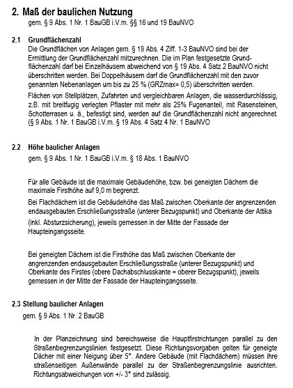 Seite eines Bauleitplans: Abschnitt 2 – Maß der baulichen Nutzung (Grundflächenzahl, Höhen).