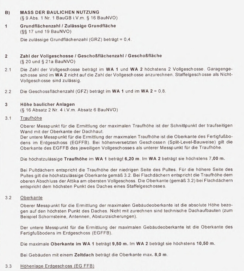Bau-Dokumentenseite: Grundflächenzahl, Vollgeschosse, Traufhöhe und Oberkante.