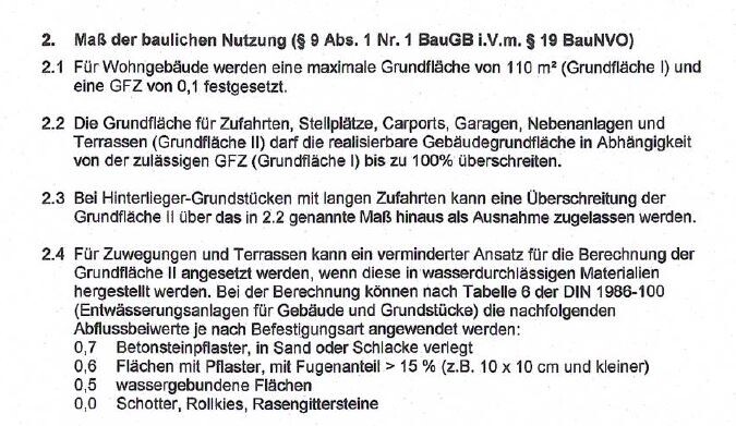 Seite eines Rechtsdokuments: Maß der baulichen Nutzung und Flächenangaben.