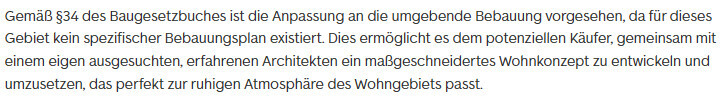 Textblock zum Baugesetzbuch 34 mit Hinweis auf maßgeschneidertes Wohnkonzept.