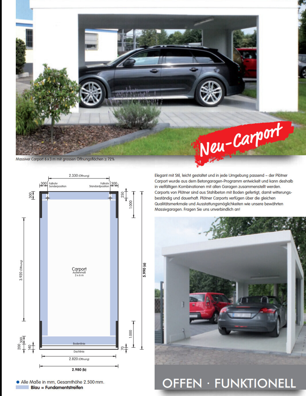 Schwarzer SUV unter weißem Carport; rotes Neu-Carport-Banner im Vordergrund.