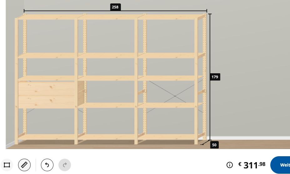 Großes Holzregal mit drei offenen Fächern und einer linken Schublade