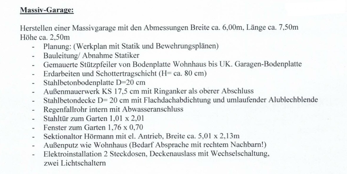 Dokument: Planliste zur Massivgarage mit Abmessungen und Bauvorgaben