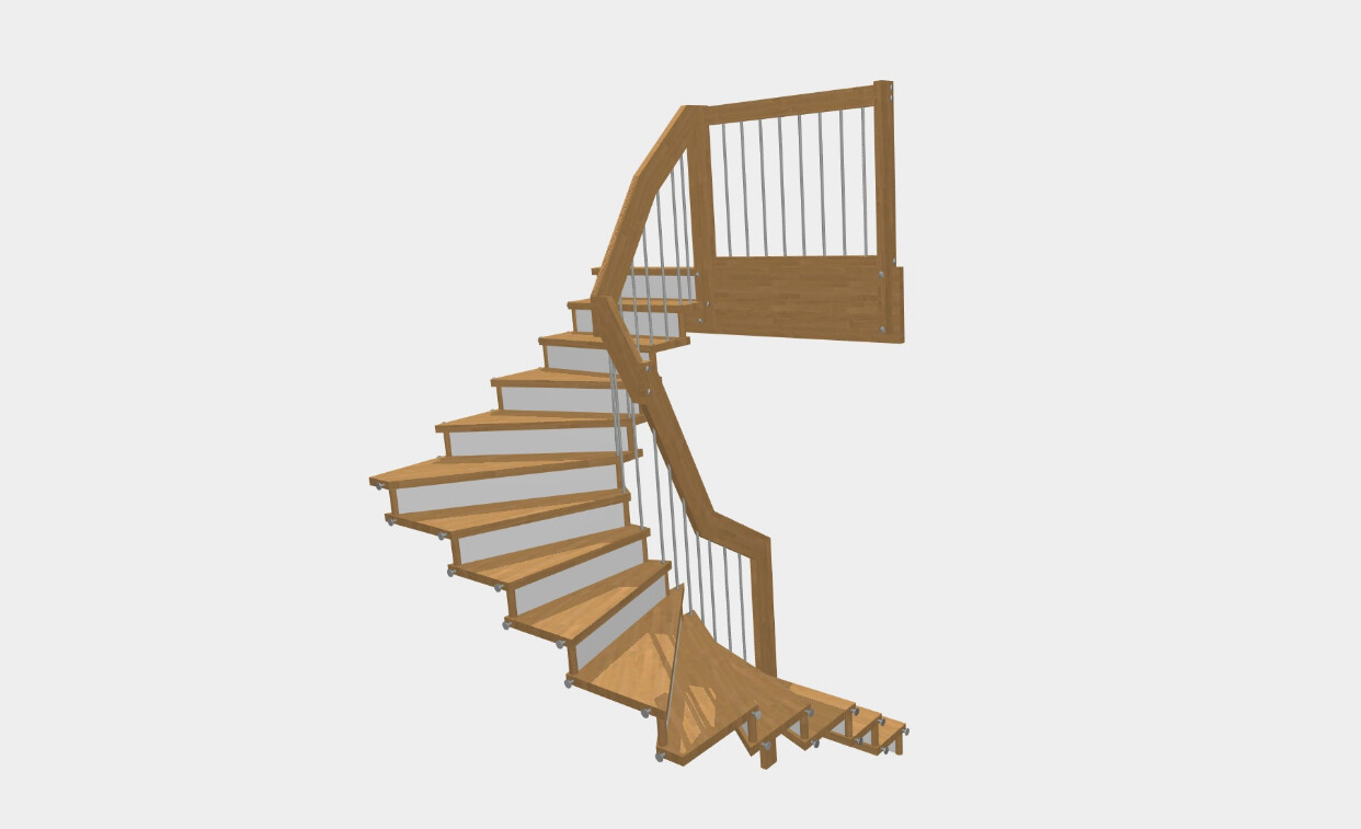 Holzspiraltreppe mit Geländersäulen aus Metallstäben, führt zu oberer Holzplattform.