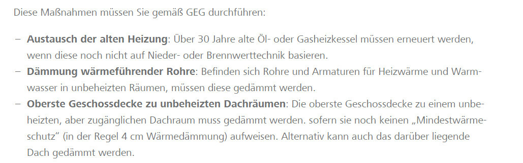 Liste der GEG-Maßnahmen: Heizkessel austauschen, Rohre dämmen, Dachgeschoss dämmen.