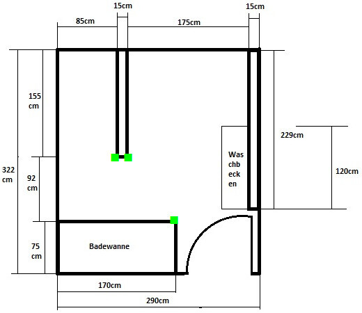 Grundriss: Badezimmer mit Badewanne links, Waschbecken rechts, Türbogen.