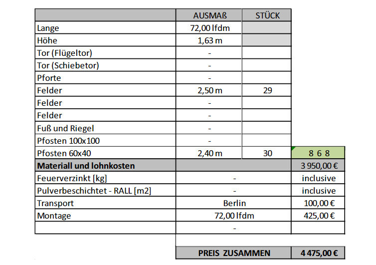 Material- und Preisliste einer Zaunanlage: Maße, Pfosten, Felder, Montage, Gesamtpreis.