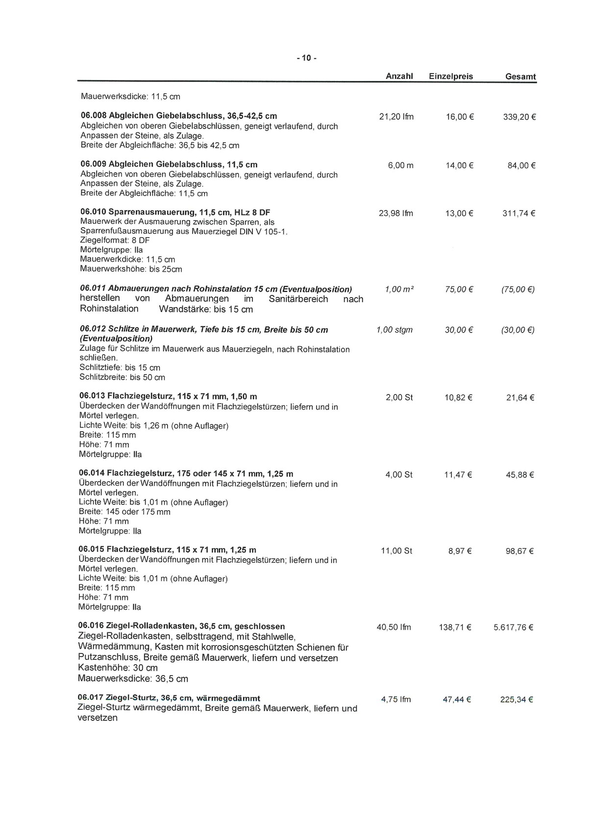 Seite eines Preisverzeichnisses mit Bauleistungen, Mengen, Einzel- und Gesamtpreisen.
