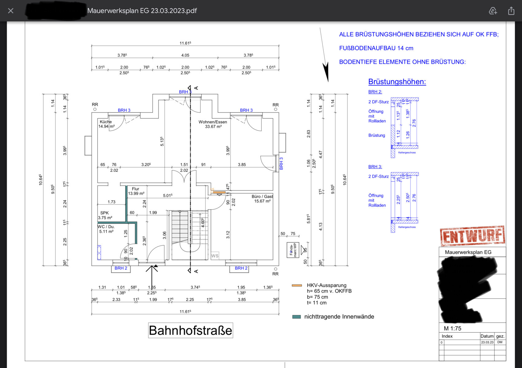 Grundriss Erdgeschoss: Räume Küche, Wohnen/Essen, Büro/Gast, Flur, WC, Treppe, Maße