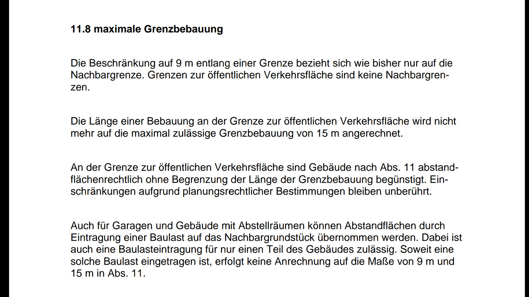 Seite eines Textdokuments mit Überschrift 11.8 maximale Grenzbebauung und Fließtext