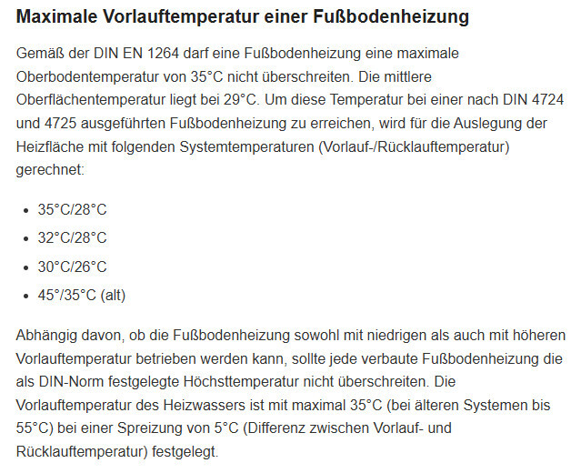Maximale Vorlauftemperatur einer Fußbodenheizung nach DIN EN 1264; Beispielwerte 35/28, 32/28.