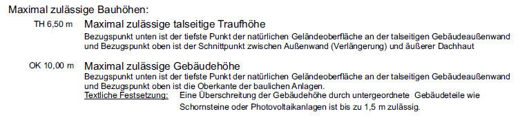 Dokument mit Maximalbauhoehenangaben, Beispiele TH 6,50 m und OK 10,00 m