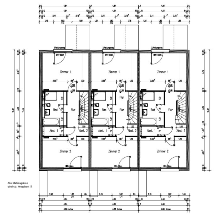 Grundriss: Drei identische Wohneinheiten mit Zimmer 1, Zimmer 2, Bad, Flur, Abstellraum.