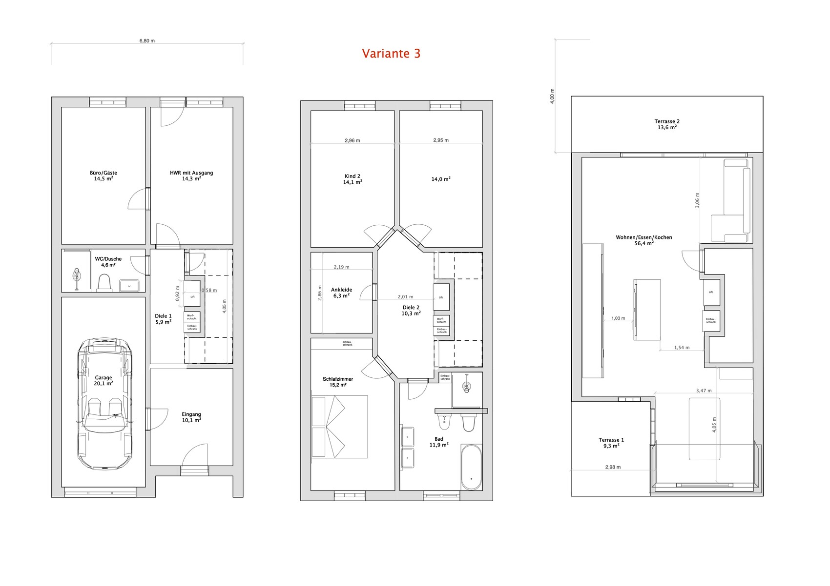 Variante 3: Drei Grundrisse eines Hauses: Erdgeschoss mit Garage, Schlafräume, Wohnen, Terrasse.
