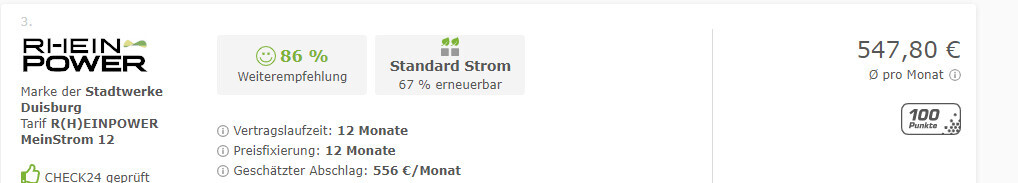 RHEIN POWER MeinStrom 12 Tarifkarte: 12 Monate, ca. 547,80 €/Monat, 86% Weiterempfehlung