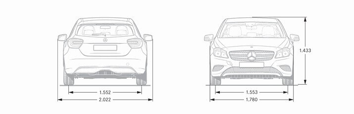 Technische Skizze eines Autos: Rück- und Vorderansicht mit Maßlinien (Breite/Höhe).
