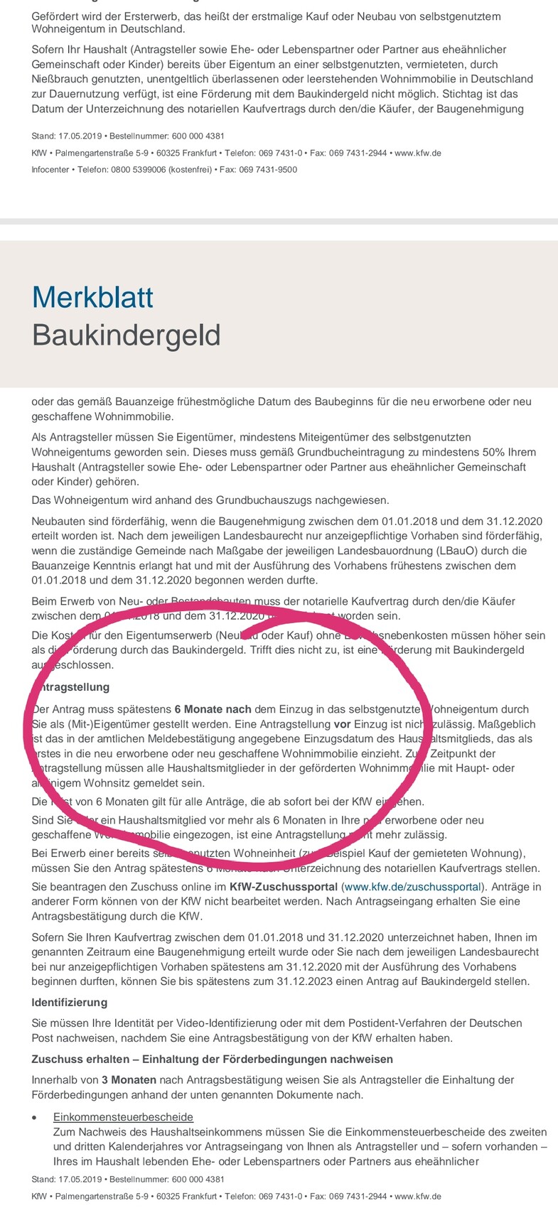 Merkblatt Baukindergeld mit markiertem Abschnitt Antragstellung.