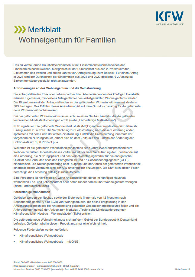 Dokumentseite mit Überschrift „Merkblatt Wohneigentum für Familien“ und KfW-Logo oben rechts.
