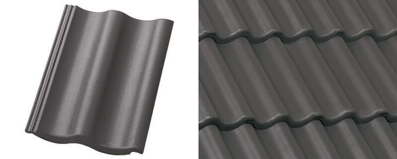 Graue gewellte Metalldachplatten; links eine einzelne Platte, rechts mehrere.