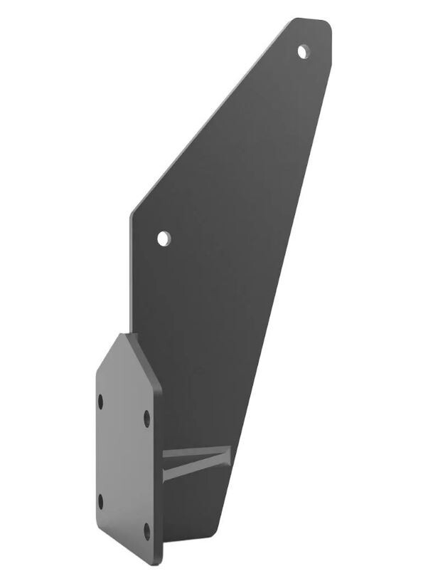 Metallwinkelhalterung: lange dunkle Platte mit Löchern, graue Grundplatte mit Schraublöchern.