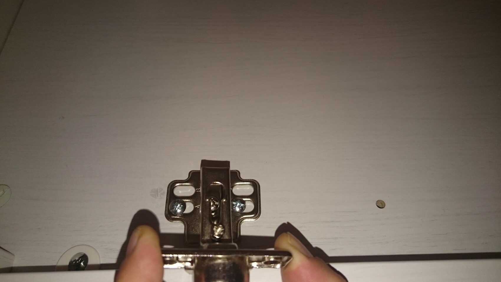 Nahaufnahme eines Türscharniers mit Schrauben, von einer Hand an einer Holztür gehalten.