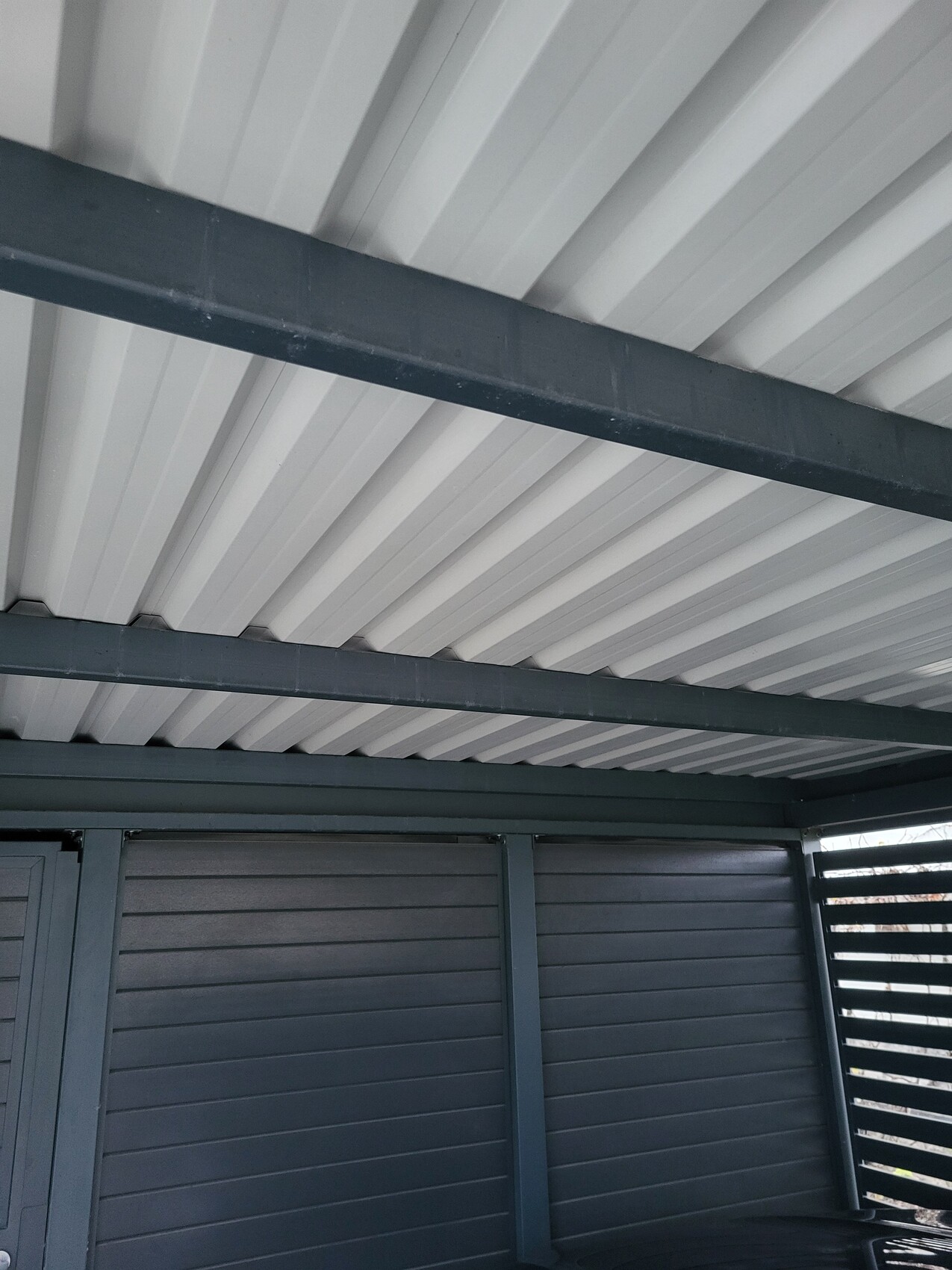 Überdachte Terrasse mit weißem Metall-Dach und dunklen Stahlträgern