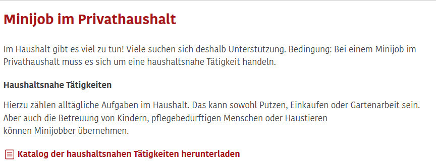 Screenshot einer Webseite zum Minijob im Privathaushalt mit Hinweisen zu haushaltsnahen Tätigkeiten