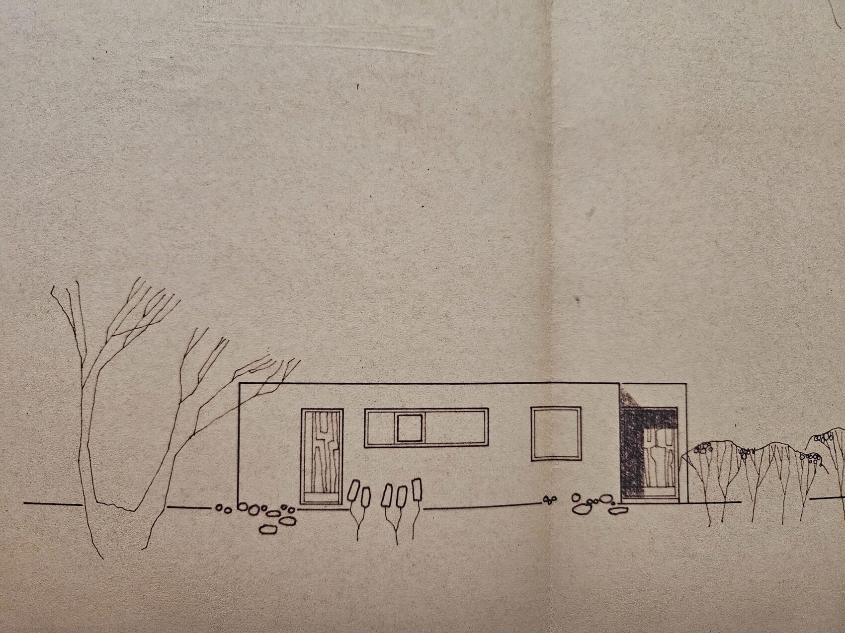 Schlichte Skizze eines modernen Hauses mit Fenstern und Tür, Garten mit Bäumen links und Sträuchern.