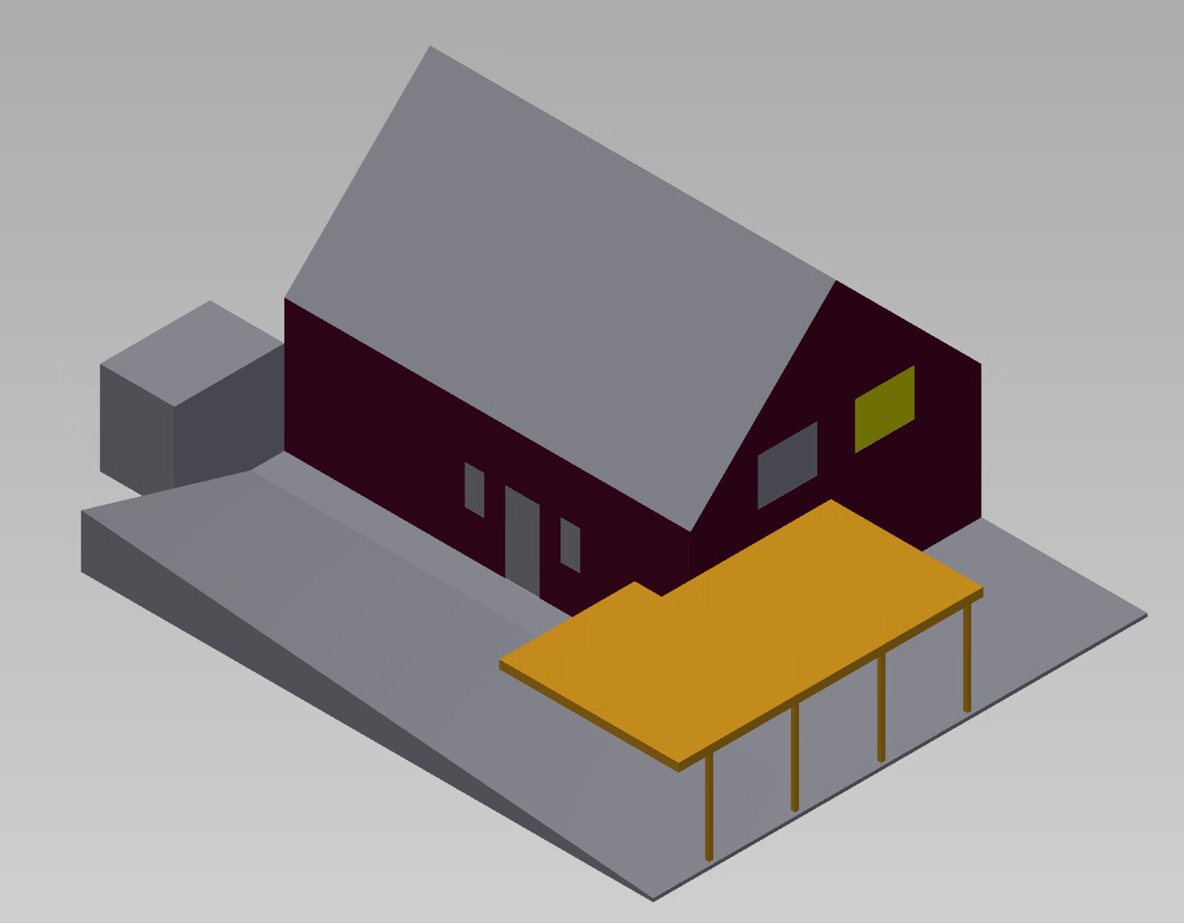 Isometrisches Haus mit grauem Dach, dunkelroter Wand und gelber Terrasse mit Stützen