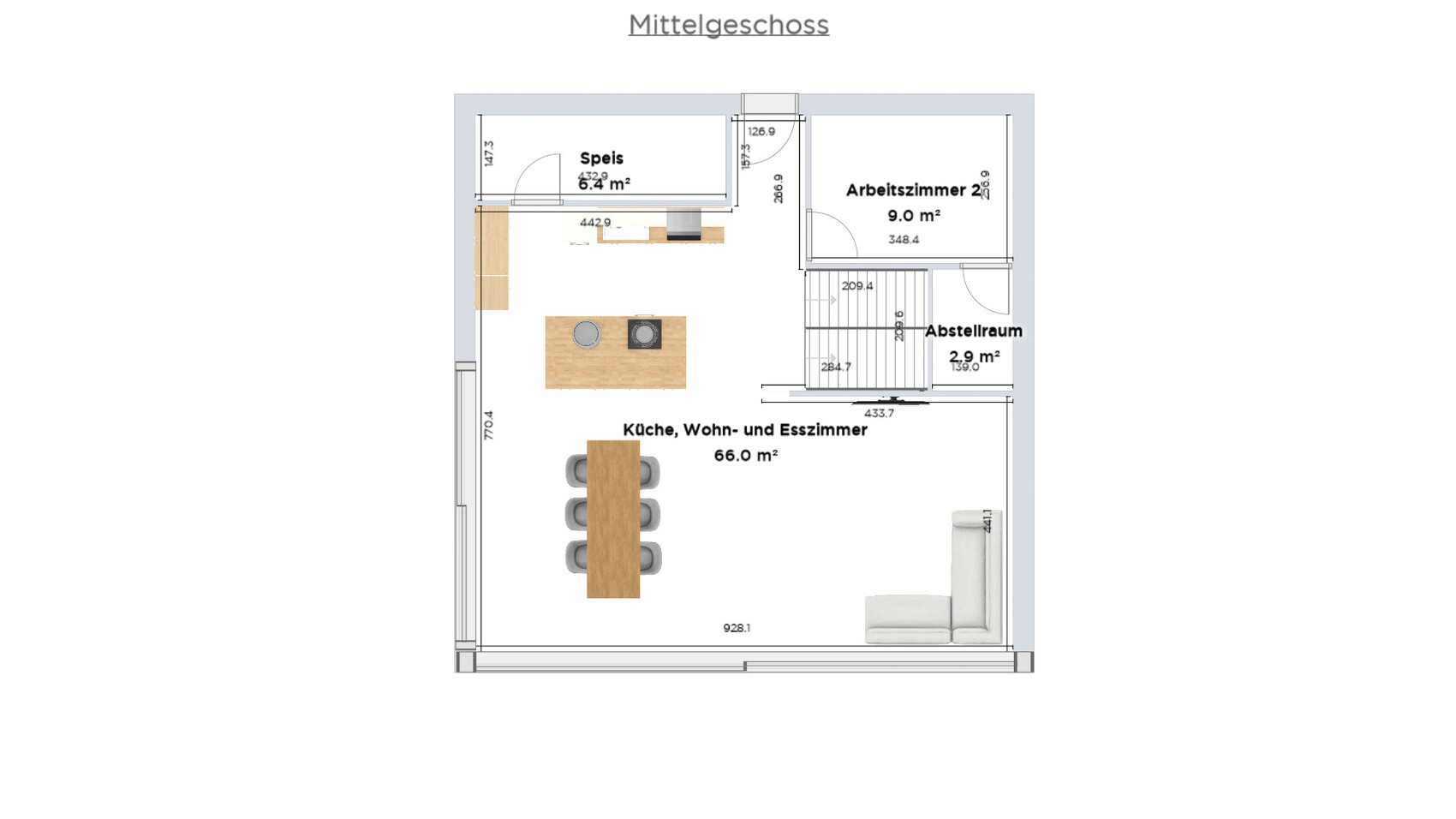 Grundriss Mittelgeschoss: Küche/Wohnen/Essen mit Esstisch und Insel; Speis; Arbeitszimmer.