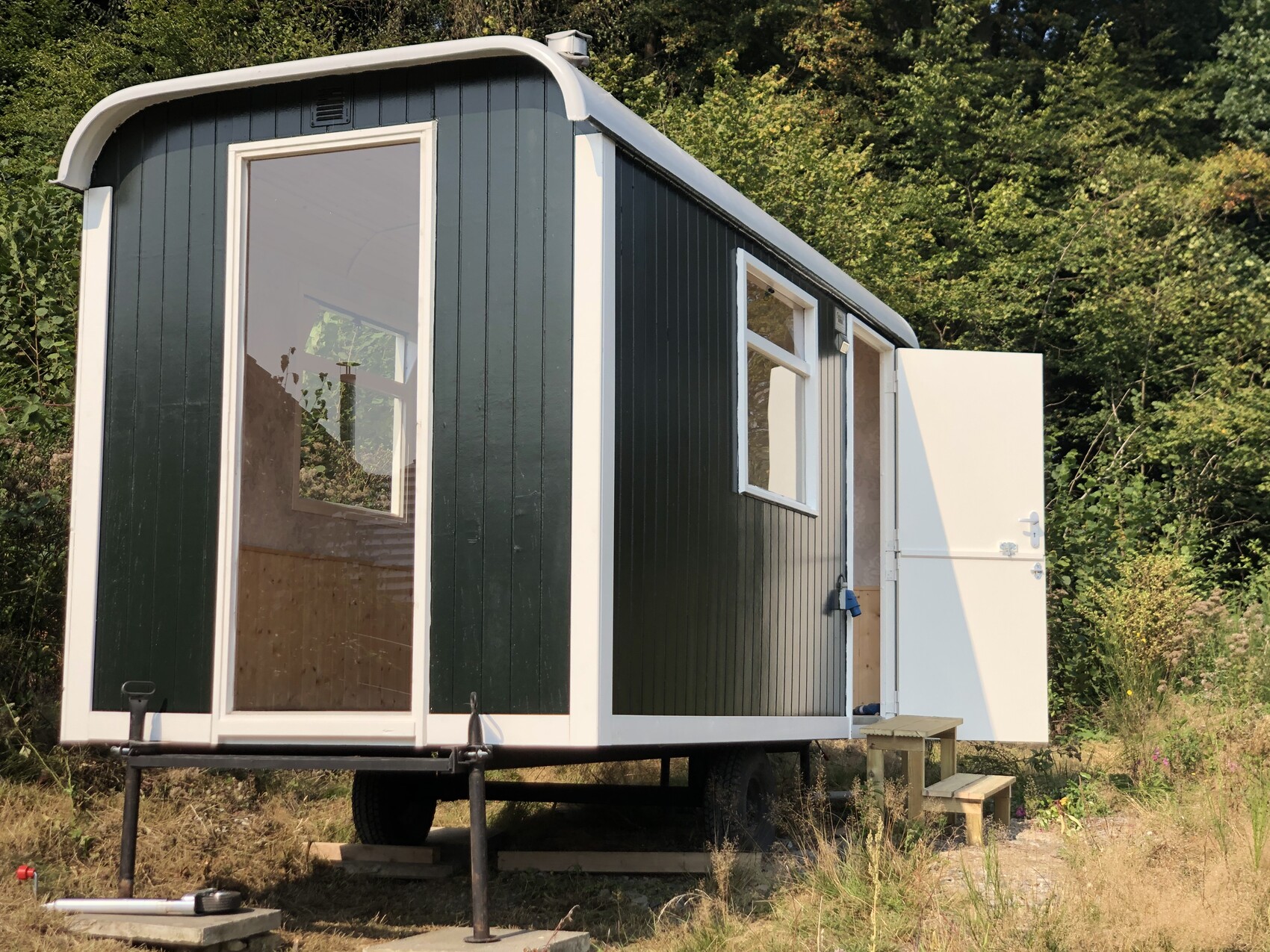 Kleines dunkelgrünes Tiny House auf Trailer mit Glasfront, offener weißer Eingangstür und Stufen im Grünen.