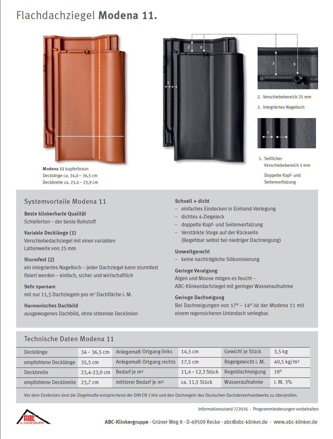 Zwei Modena 11 Flachdachziegel, kupferbraun links, dunkelgrau rechts, Maßlinien veranschaulichen.