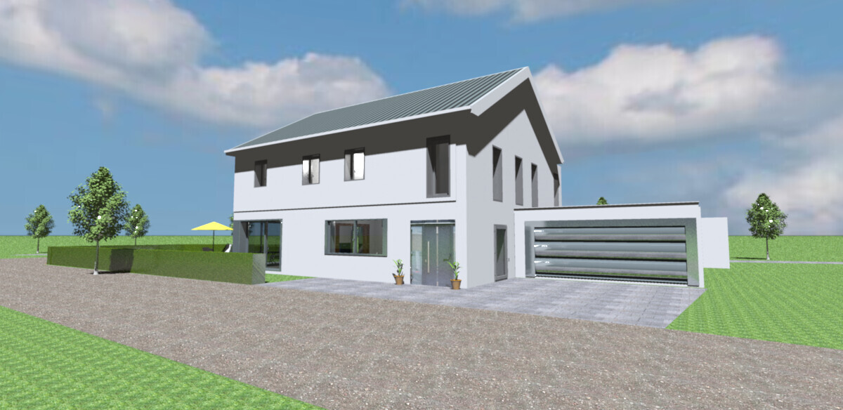 Moderne zweigeschossige Haus-Render mit Garage, Zufahrt und grünem Grundstück