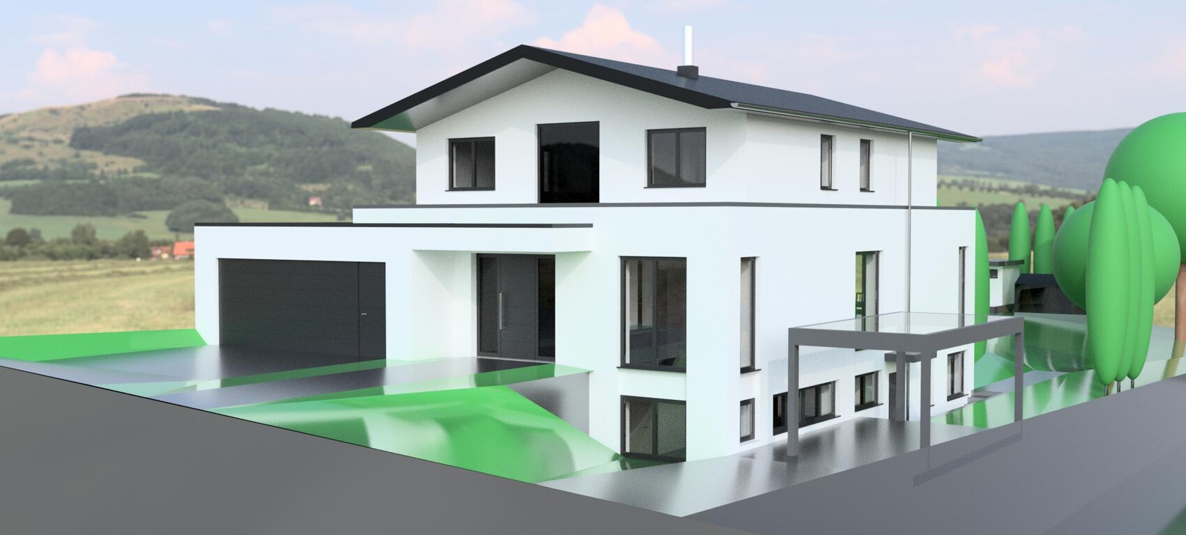 3D-Modell eines modernen zweigeschossigen Einfamilienhauses mit Garage, Außenansicht