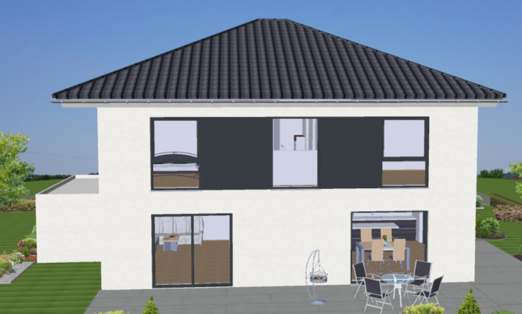 Außenansicht eines modernen zweigeschossigen Hauses mit dunklem Dach und Terrasse.