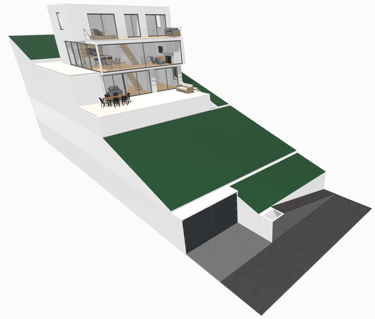 Moderne mehrstöckige Villa am Hang mit Glasfassade, Terrassen und Garagenzugang.