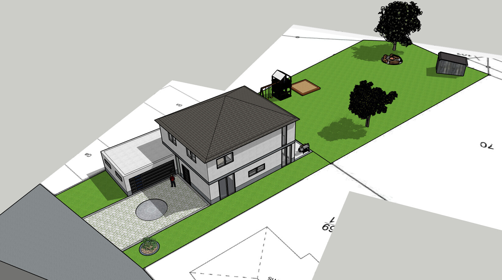 Modernes zweistöckiges Haus mit Garage, Einfahrt, Garten, Bäumen und Feuerstelle.