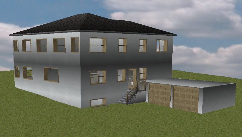 Großes zweistöckiges Haus mit Garage auf grünem Hang, viele Fenster, Treppenaufgang zum Eingang