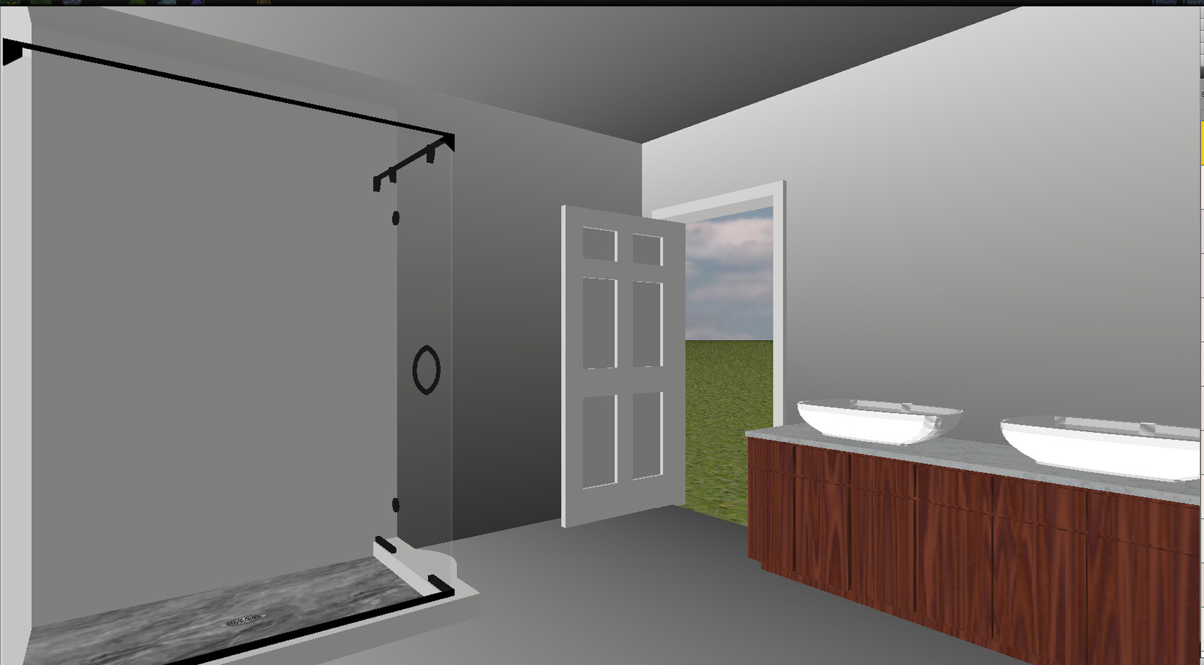 Badezimmer mit Dusche links, Tür geöffnet, Doppelwaschbecken auf Holzschrank