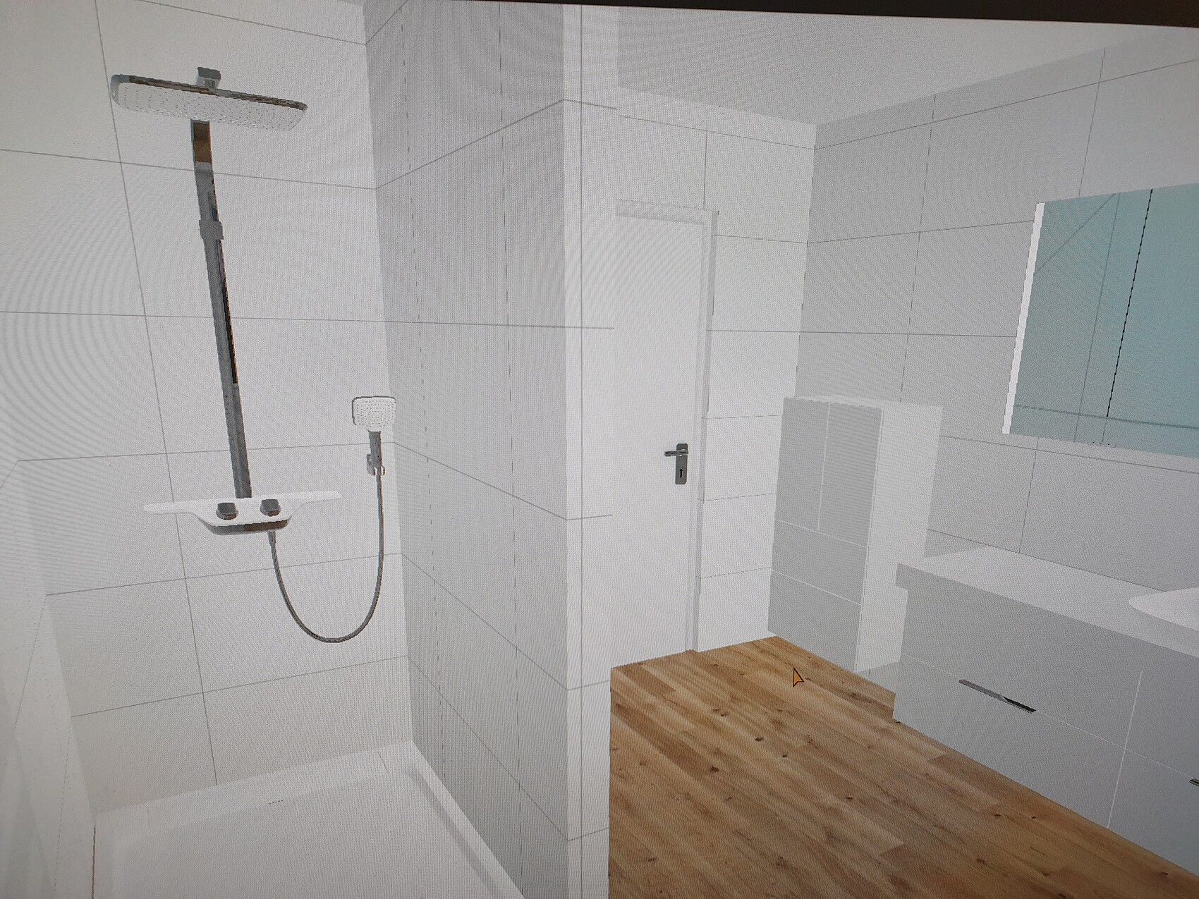Moderner 3D-Badraum mit Dusche, Duschstange, Handbrause, Fliesenwand und Waschtisch