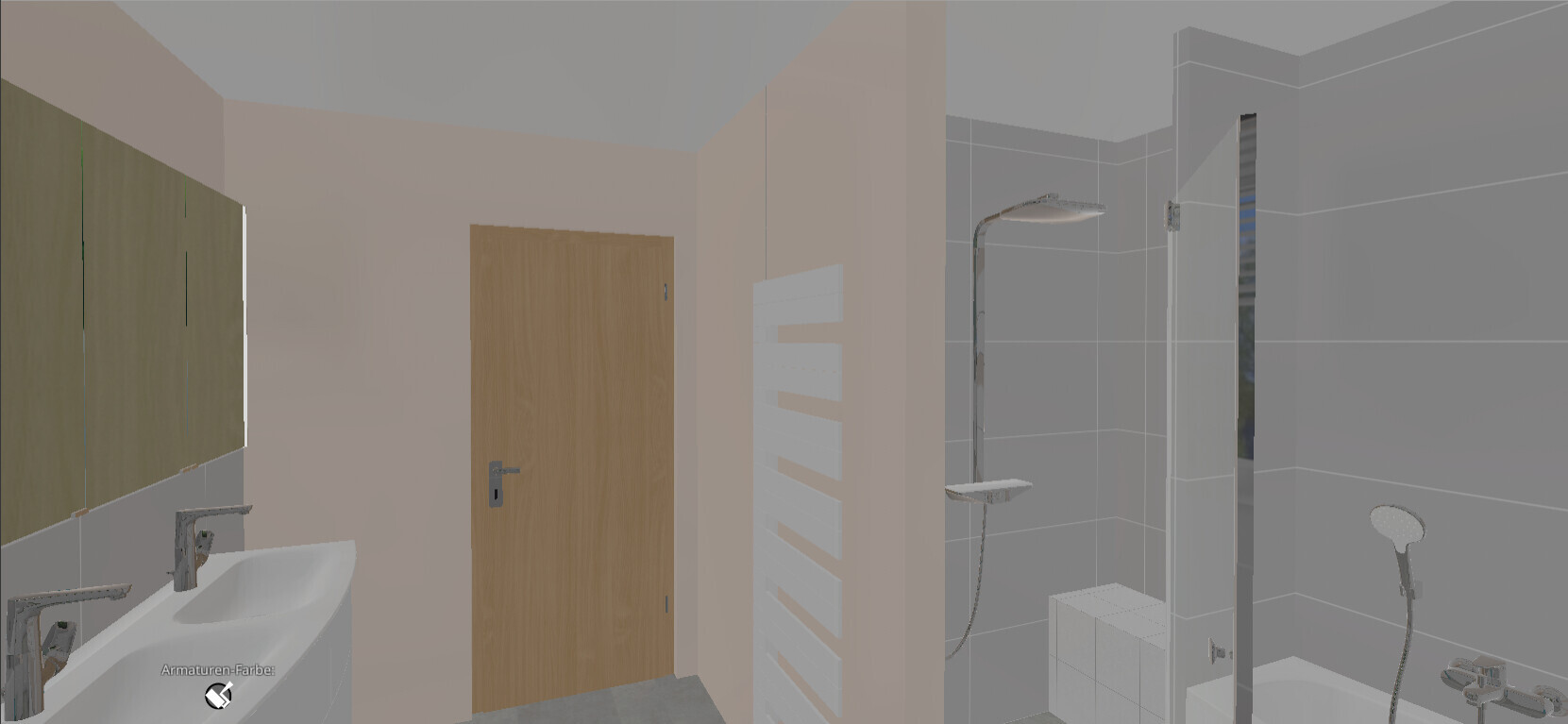 Moderne Badezimmeransicht mit zwei Waschbecken, Spiegelschrank, Holztür und Duschbereich.