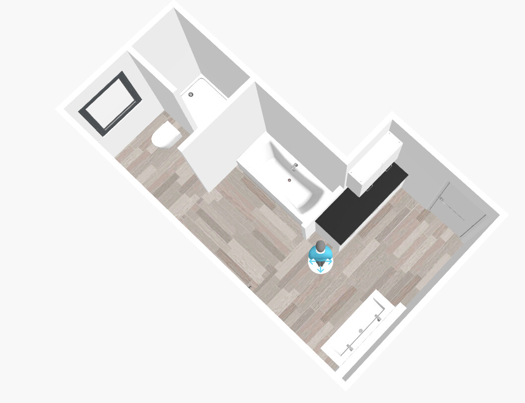 Isometrische 3D-Ansicht eines kleinen Apartments: Bad mit Toilette und Wanne, Küchenzeile, Person.