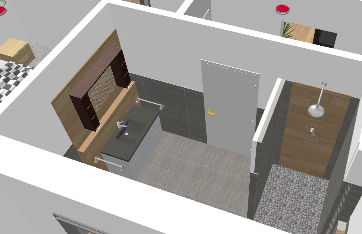 3D-Modell eines modernen Badezimmers mit Waschbecken, Unterschrank und Dusche