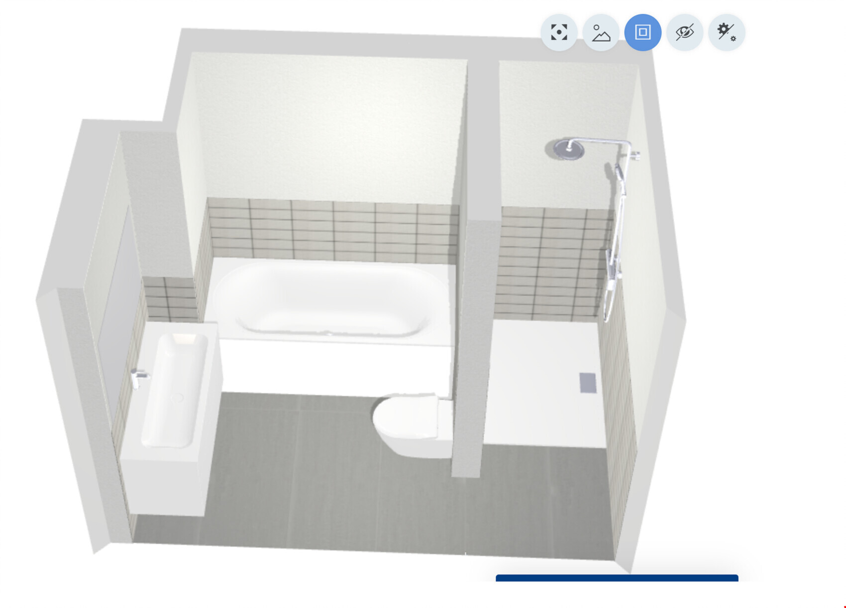 Draufsicht Badezimmer: Badewanne links, Waschbecken links, Toilette in Mitte, Dusche rechts.