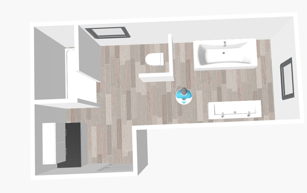 3D-Grundriss eines Badezimmers mit Badewanne, Toilette, Waschbecken, Holzboden und Personensymbol.