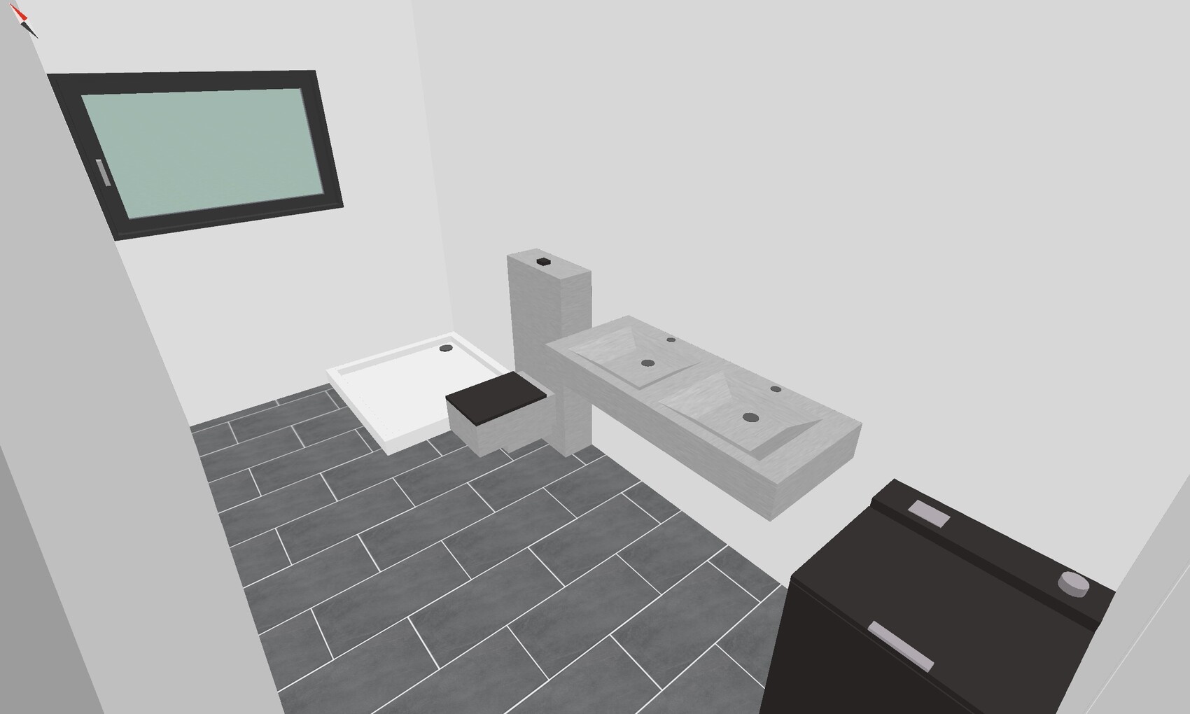 Moderne Badezimmer-Szene: Fenster, Dusche, grauer Doppelwaschtisch, dunkler Badschrank, Fliesenboden.