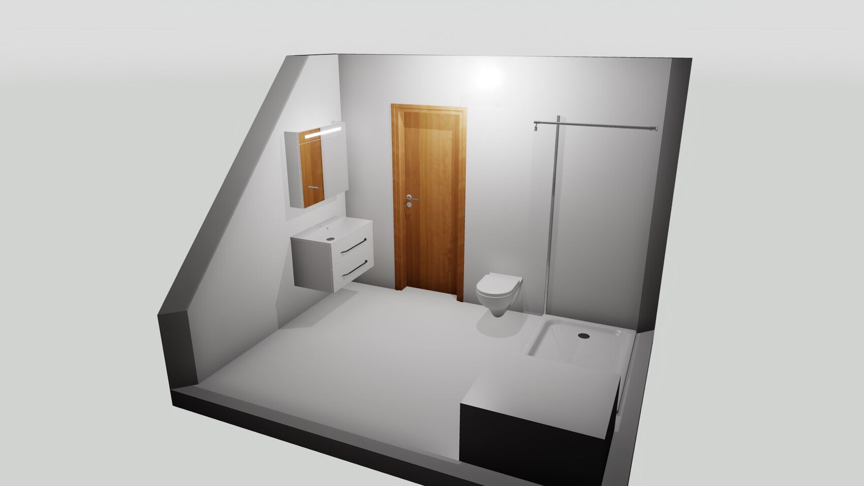 Kompaktes Badezimmer mit Waschbecken, Spiegel, Holztür, Toilette und Dusche.