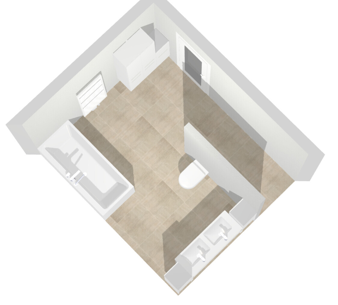 3D isometric bathroom: tub, toilet, and double sink vanity on beige tile floor.