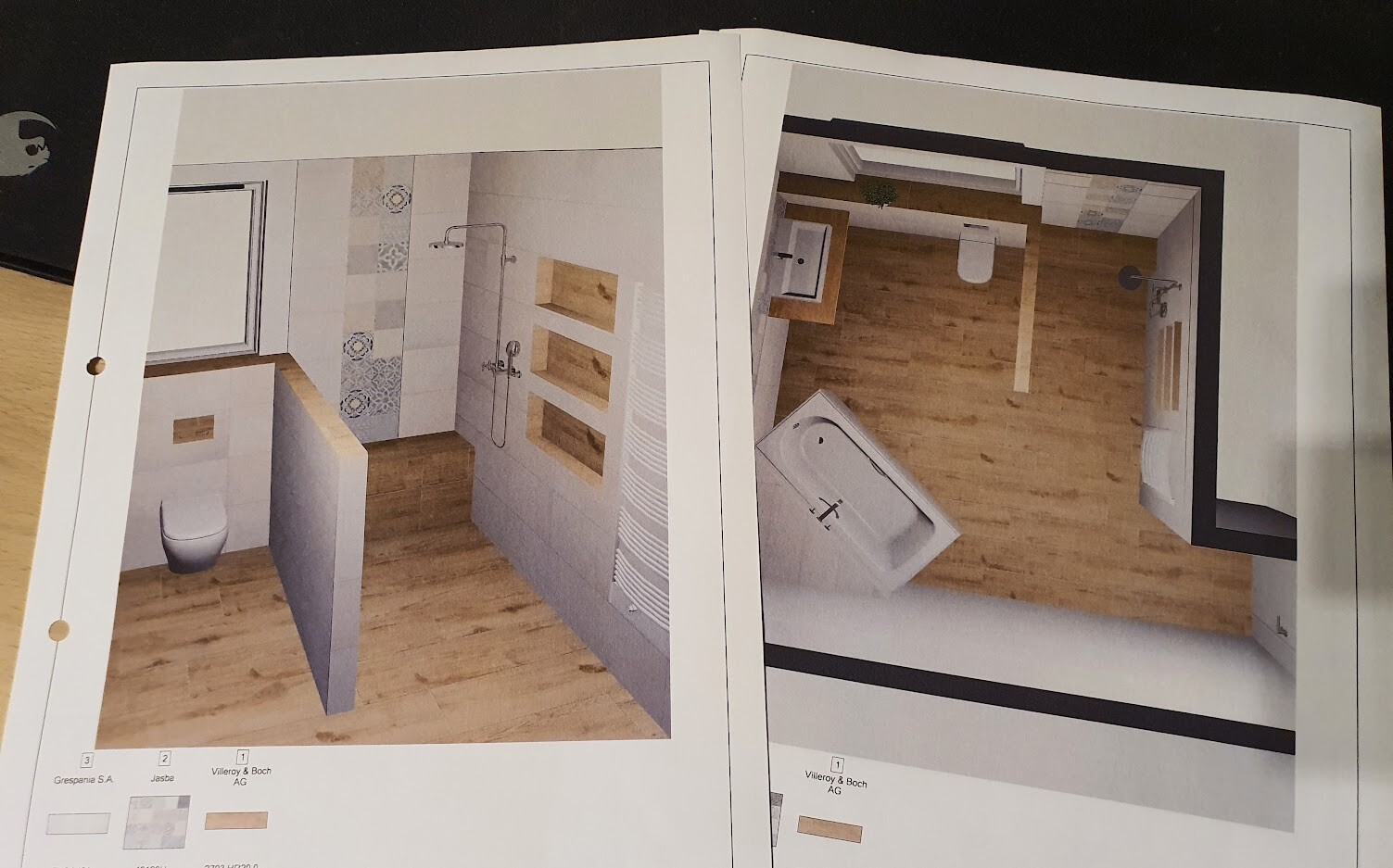 Zwei Seiten einer Badplanung: linkes Bad mit Dusche, rechts Badewanne, Holzboden.